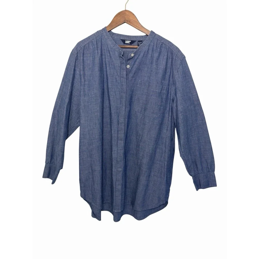 Lands End XL 18 Blue Chambray Tunic Band Collar Gathered Back Pockets EUC - Picture 1 of 7